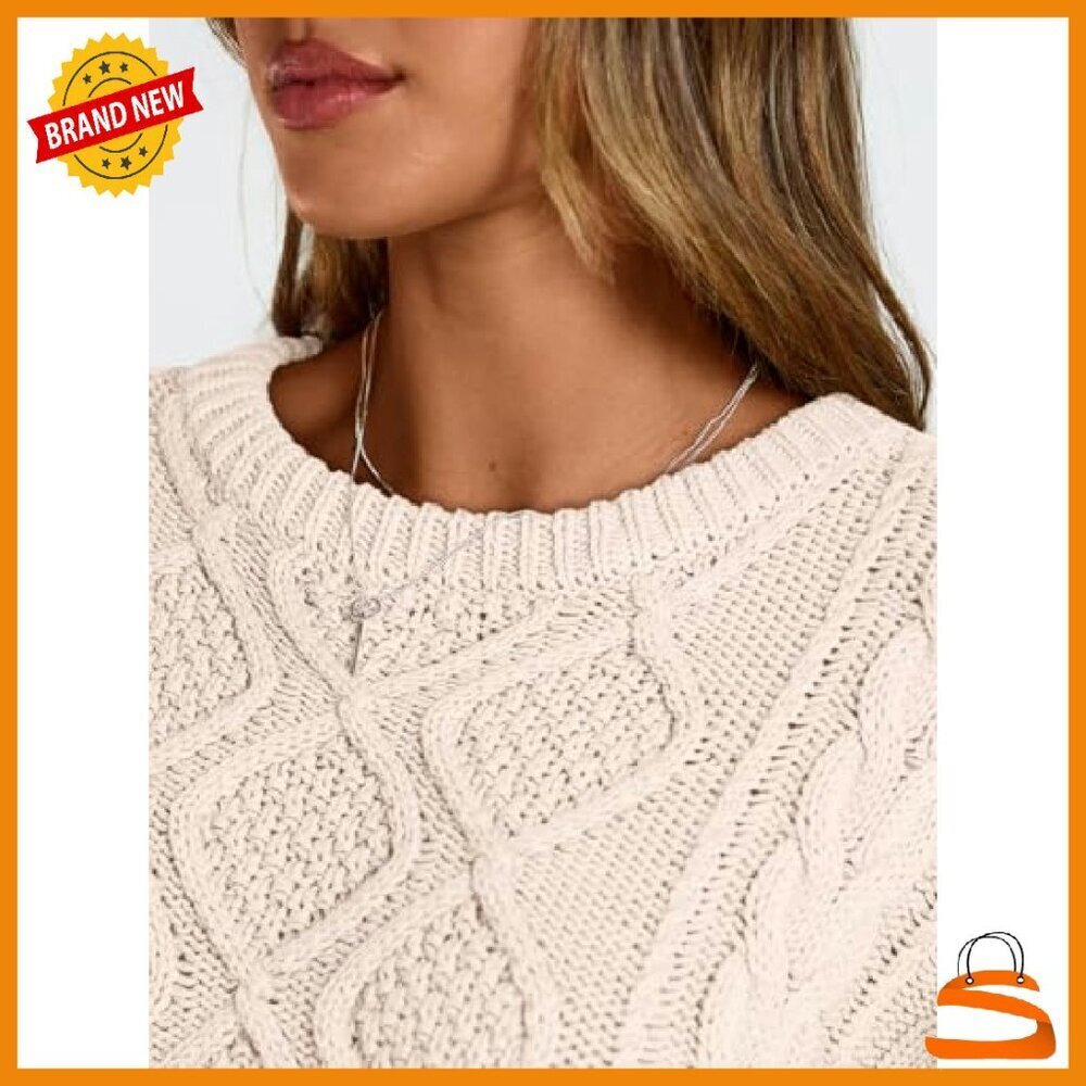 Oversized Cable Knit Crewneck Sweater, 40% Acrylic 60% Cotton, Cozy Winter - Picture 6 of 7